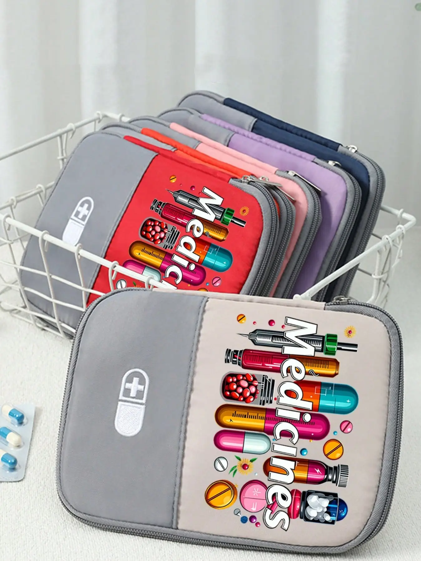 Portable medical kit, printed with 'medicine' and pill patterns, portable camping medicine bag, compact first aid kit, medicine-themed storage pouch, essential medical accessories, Portable emergency kit