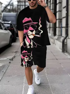 Men's Leopard Print Set, Menswear Graphic Tee + Casual Short Pants, Comfortable Breathable, All Seasons, Fitted Regular Length, Outfit