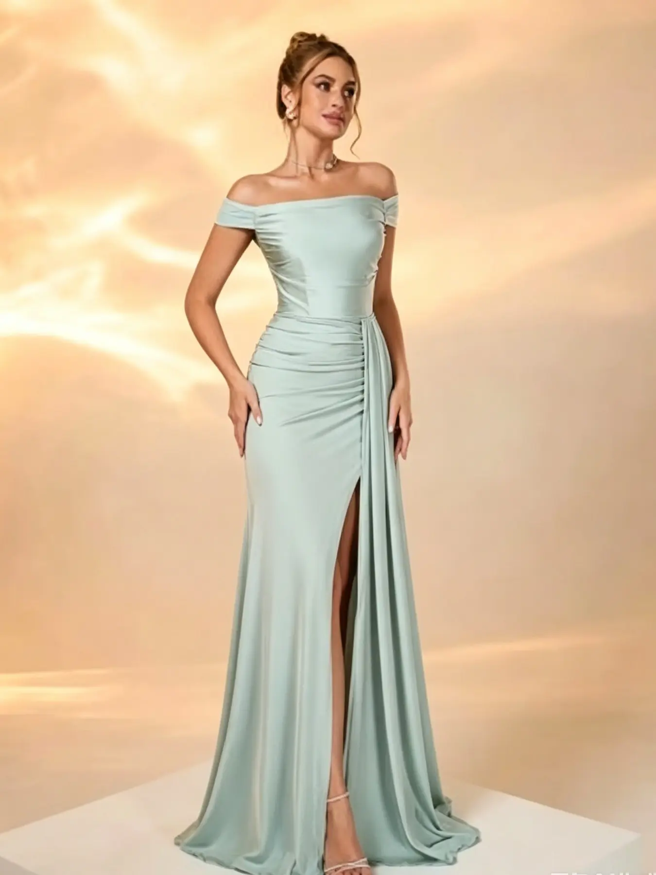 Elegant Strapless Satin Glossy Formal Evening Gown, Fitted Design with High Slit, Ruched Waist, Flowy Skirt, Perfect for Weddings, Parties, Balls