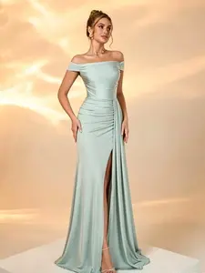 Elegant Strapless Satin Formal Evening Gown, Fitted Design with High Slit, Ruched Waist, Flowy Skirt, Perfect for Weddings, Parties, Balls