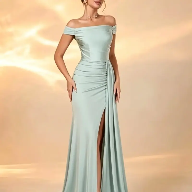 Elegant Strapless Satin Glossy Smooth Formal Evening Gown, Fitted Design with High Slit, Ruched Waist, Flowy Skirt, Perfect for Weddings, Parties, Balls, Formal Wear