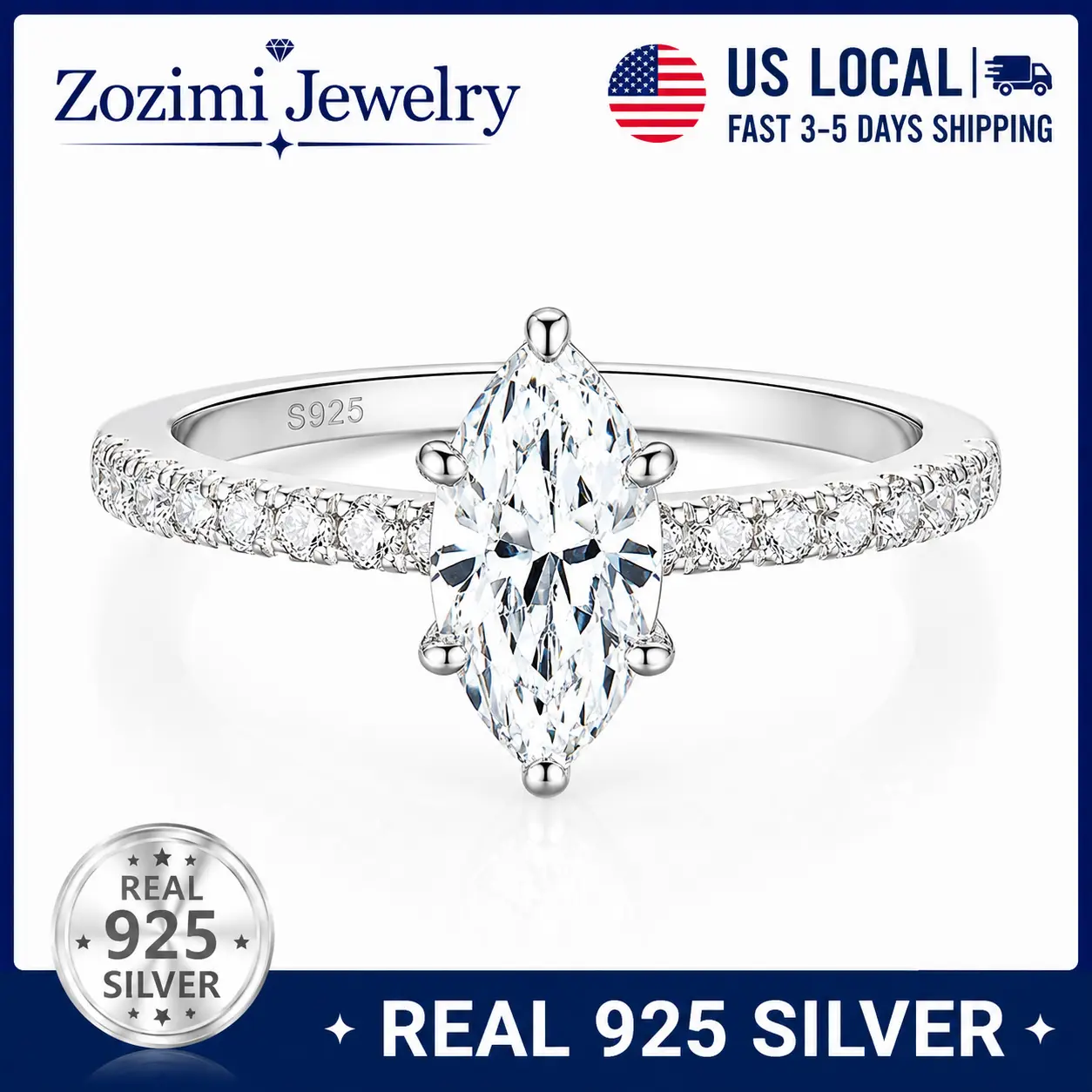 S925 Sterling Silver Marquise Tiny 1ct with 5A Cubic Zirconia Engagement Ring for Women, Sparkly Pavé Wedding Band, Promise Ring, Anniversary Birthday Valentine's Day Gift for Her