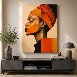 Modern Afro Woman Print, Abstract African Wall Art, Burnt Orange Collage, Bold Face Paint Style, Black Portrait Z