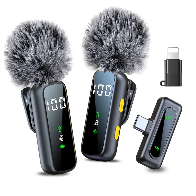 HITOZON Compact 2.4GHz 2-Mic Wireless Lavalier Microphone - ABS, Built-in Batteries, 1-Touch Recording, Intelligent Noise Cancelling, USB Type-C Plug-and-Play, iOS Adapter, Charging Cable, Windproof Pom-Pom, for Smartphones, Podcasts