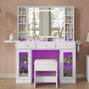 A FUSOU Vanity Desk with LED Mirror, RGB Lighted Vanity Desk with Charging Station, 3 Drawers & 2 Glass Cabinets, Makeup Vanity Fold-up Panel & Glass Top, White Vanity, with Chair for Women & Girls Bedroom