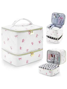 Embroidered Nail Polish Storage Bag, Bow Print Manicure Tool Organizer, Holds 30 Bottles and Nail Lamp, Elegant Simple Design, Valentine's Gift, Makeup Bags, Travel Cosmetic Bags, Makeup Organizer Pouch