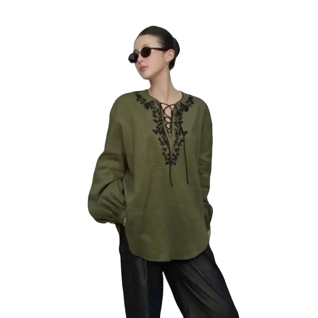 High Quality Womenswear Crewneck Embroidered Beaded Linen Long Sleeve blouse