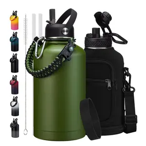 Stainless Steel Water Bottles 64oz - Insulated Half Gallon Water Jug with Straw & Chug Lid, Metal Tactical Canteen for Gym Sports Workout Hiking with Paracord Handle, Strap Carry Sleeve, Army Green Insulated Triple