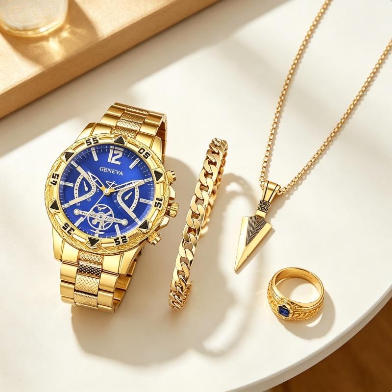 Hip-Hop Style Gold Watch Set | Rugged Chrono + Spear Necklace for Him