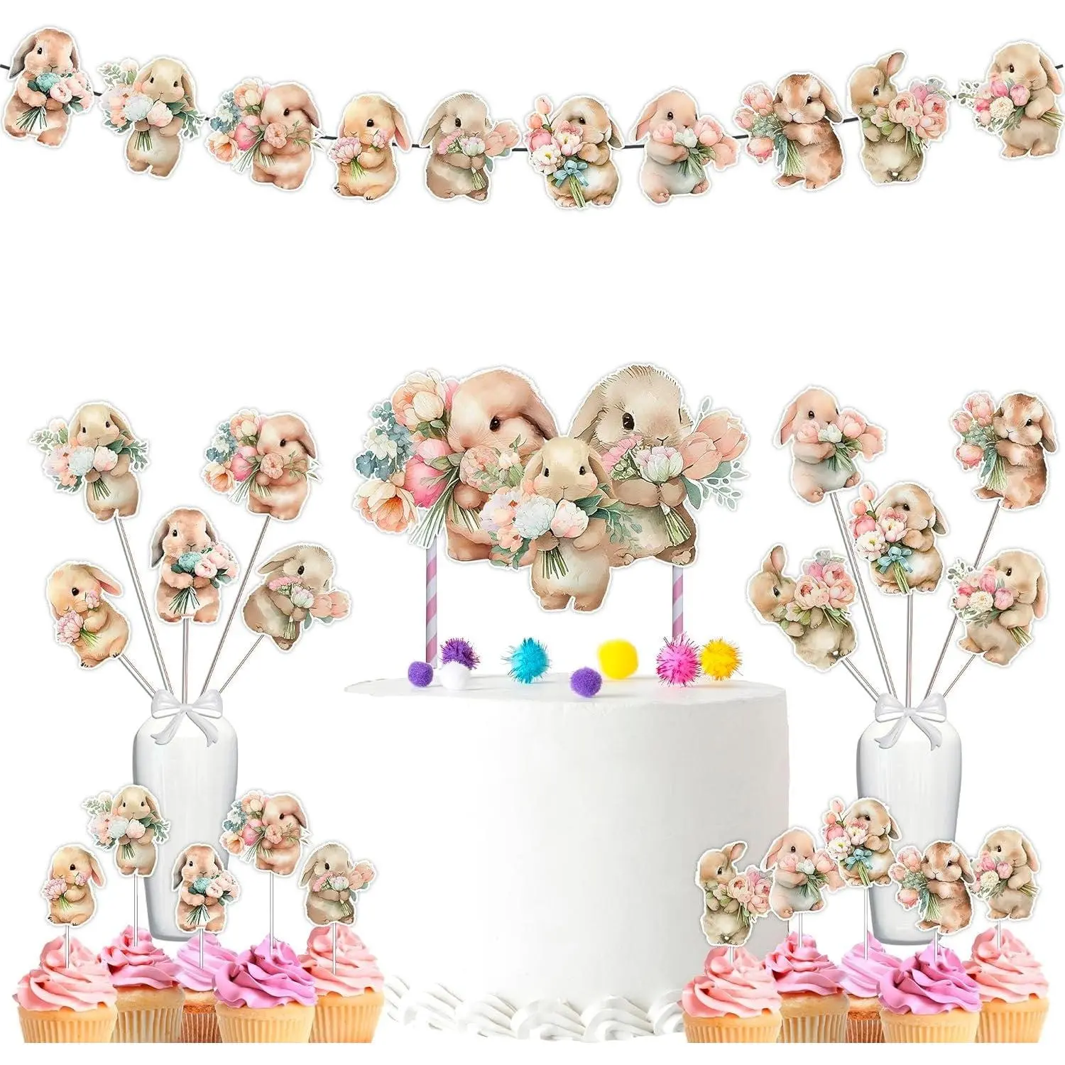 Little Bunny Baby Shower & Birthday Party Decor Set - Adorable Cake Topper, Cupcake Toppers, Centerpieces & Banner