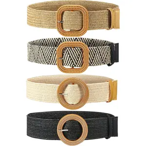 4 count Straw Woven Belt Elastic Stretch Rattan Buckle  Belt Women Skinny Raffia Dress  Band