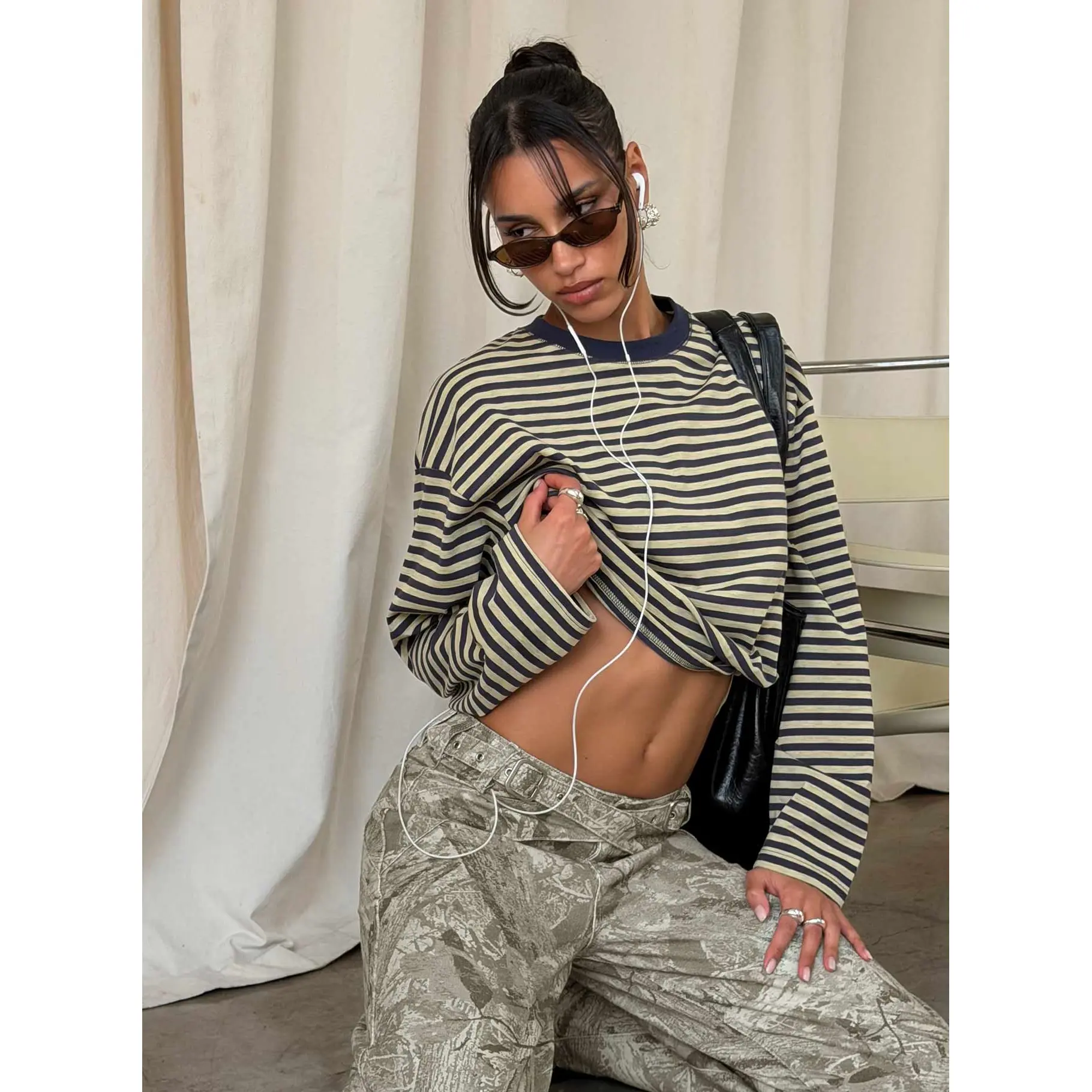 Bloom Long Sleeve Top Beige Stripe