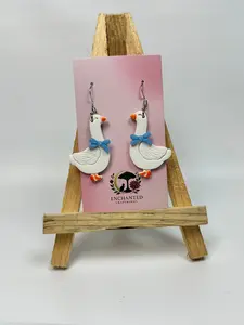 Enchanted Craftworks Silly Goose Earrings Handcrafted Polymer Clay with Orange Beak & Blue Bow Tie Whimsical Style Lightweight Jewelry for Goose Lovers