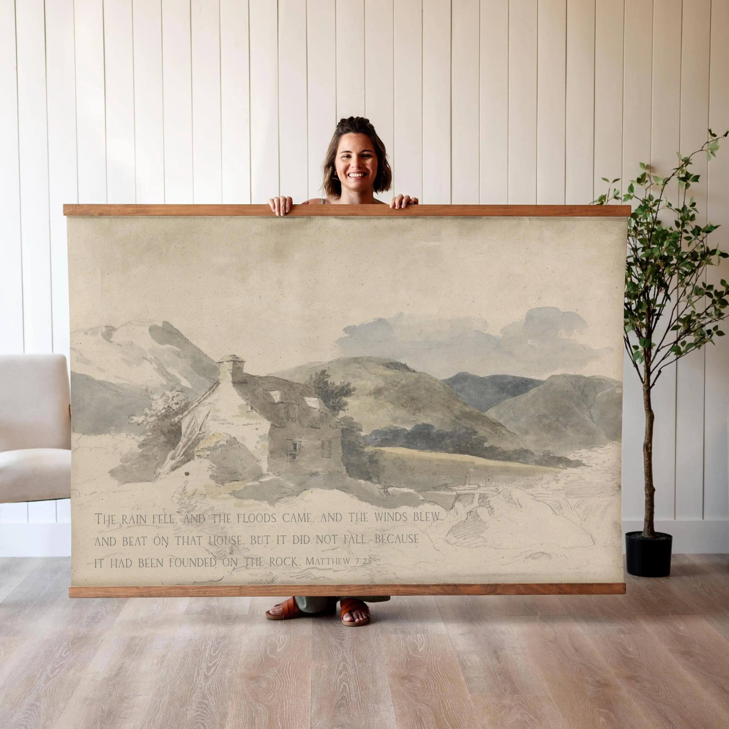 Christian Wall Art | Vintage Scripture Canvas | Christian Wall Decor | Vintage Scripture Art | Matthew 7:25 | House Built On The Rock