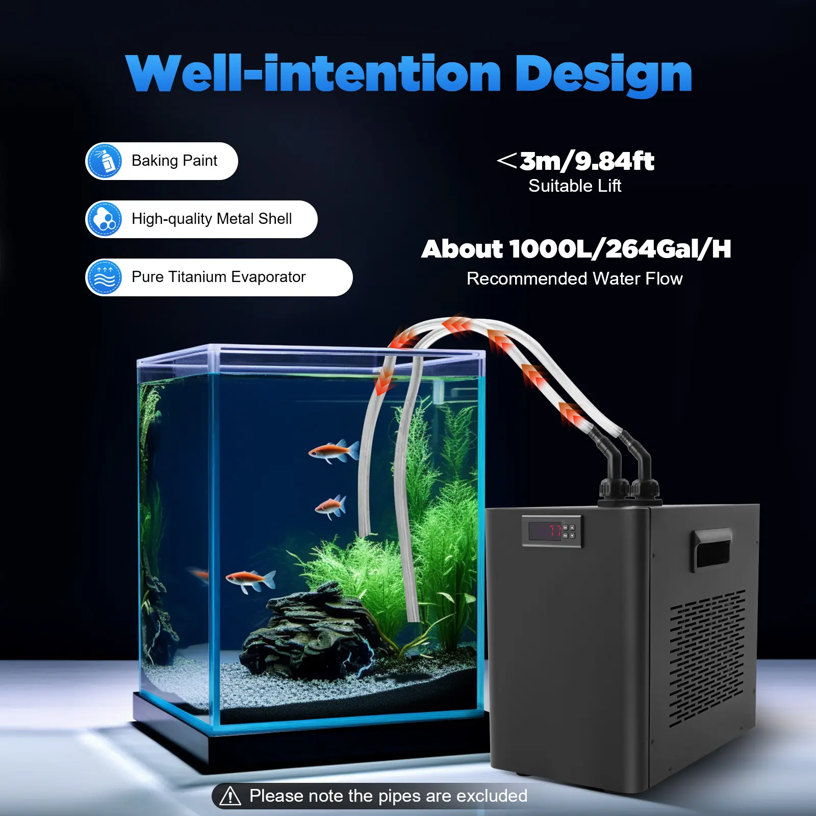 CNCEST Aquarium Water Cooling Chiller - 160L, 1/10HP Motor, High-Quality Metal Shell, Pure Titanium Evaporator, Thoughtful Design, Compact, 20*34*30cm, 1-Touch On, Includes Manual (Fish & Aquatic Pet Supplies Temperature Control), Aquarium Cooling Machine