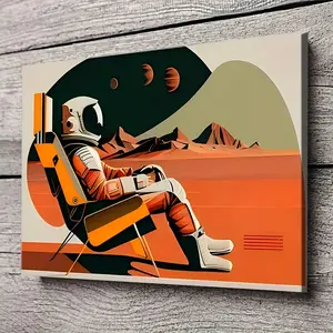 2D Flat Vintage Space Explorer Canvas Art, Mid-Century Modern Astronaut Landscape, Art Deco Boho Victorian Style, Wood Framed Wall Decor, Home Office Living Room Bedroom Classroom, Indoor Outdoor Art, Perfect Valentine's Day Gift, Moon Decor, 1 Piece