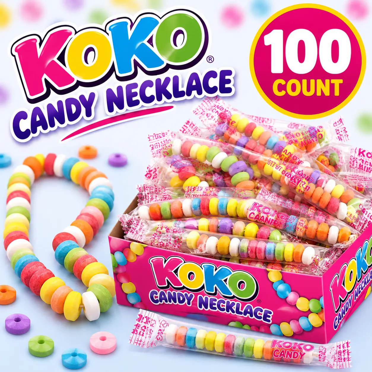 Koko Candy Necklaces 100 Count  Individually Wrapped Wearable Fruit Candy Necklaces | Party Favors, Goodie Bags & Retro Candy