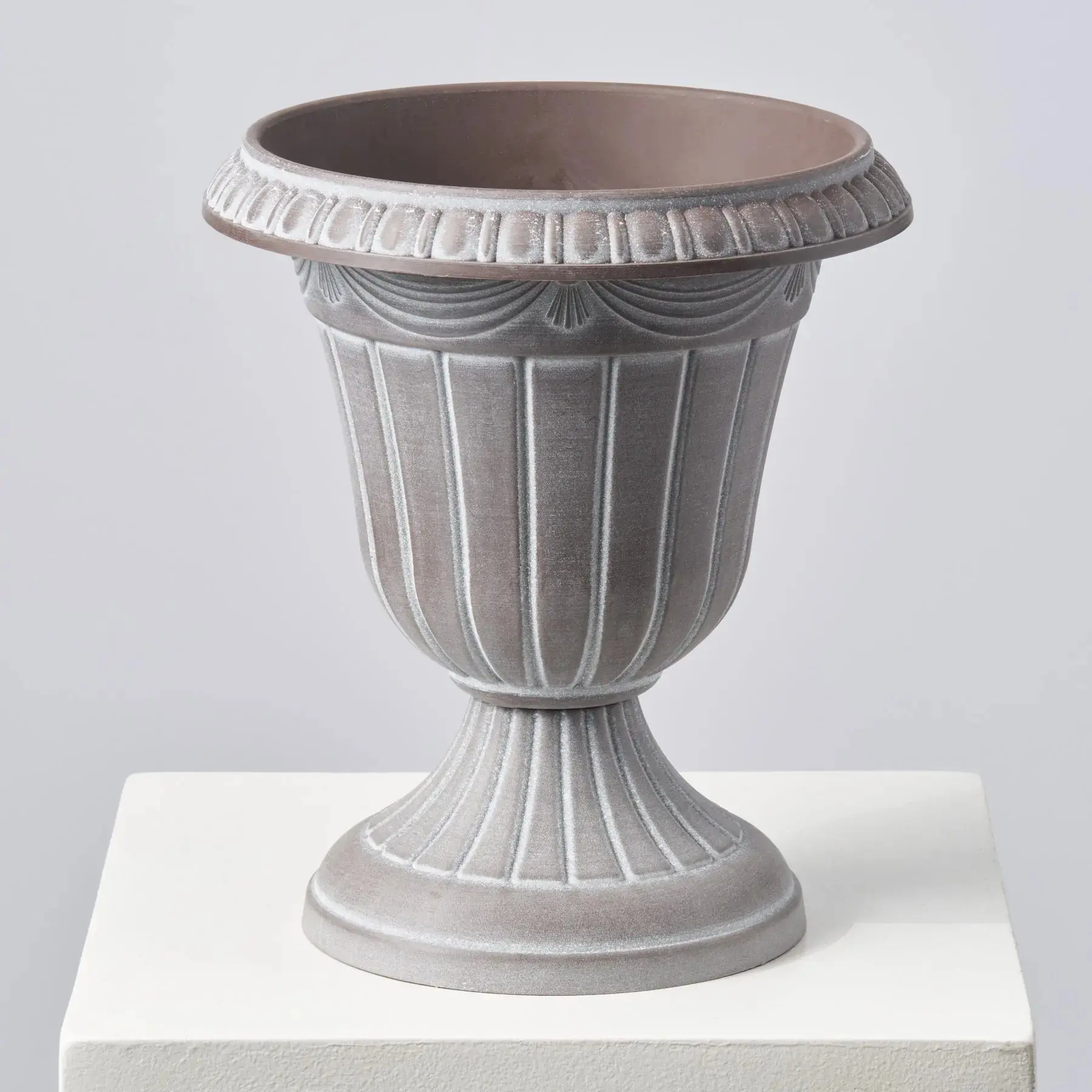 Faux Stone Pedestal Flower Pot Planter - Indoor-Outdoor Sturdy Plastic Plant Pot with 8.25" D Opening, Sturdy Plastic Pot