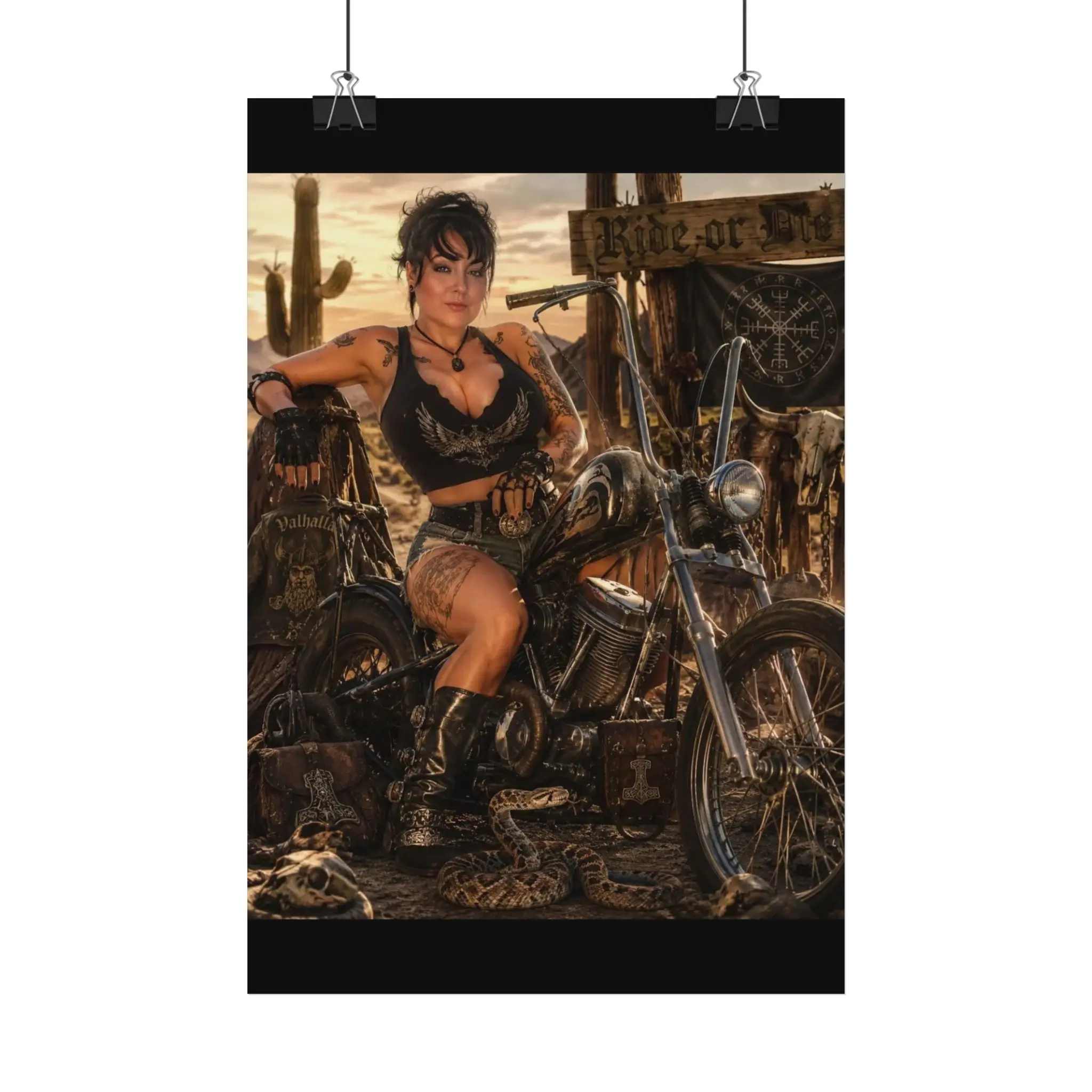 Biker Girl Pinup Satin Poster | Motorcycle Art, Desert Western Scene