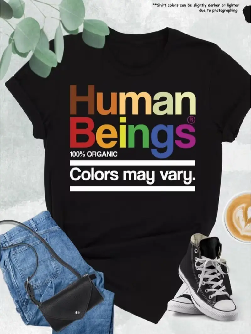 Men's Human Beings Colors May Vary Graphic T-Shirt - Black Crewneck Tee with Rainbow Human Emblem | Equality, Human Rights Shirt, Casual Everyday Activist Apparel, Soft Everyday Top for Social Justice Advocacy