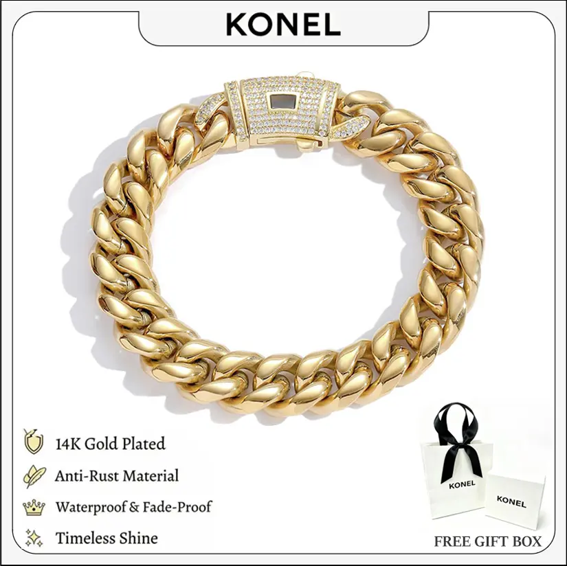 KONEL 14K Real Gold-Plated Cuban bracelet. Featuring the latest gold plating technology and zirconia inlay design. This Miami Cuban bracelet combines tradition with fashion, offering various sizes ranging from 6mm to 14mm (7.5/8.5 inches) to choose from.