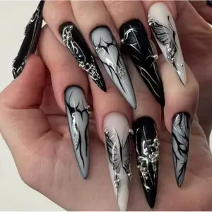 Gothic Horror Style Acrylic False Nails, Heart Butterfly Design, Party & Daily Wear, Full Adhesion, Includes Removal Tools