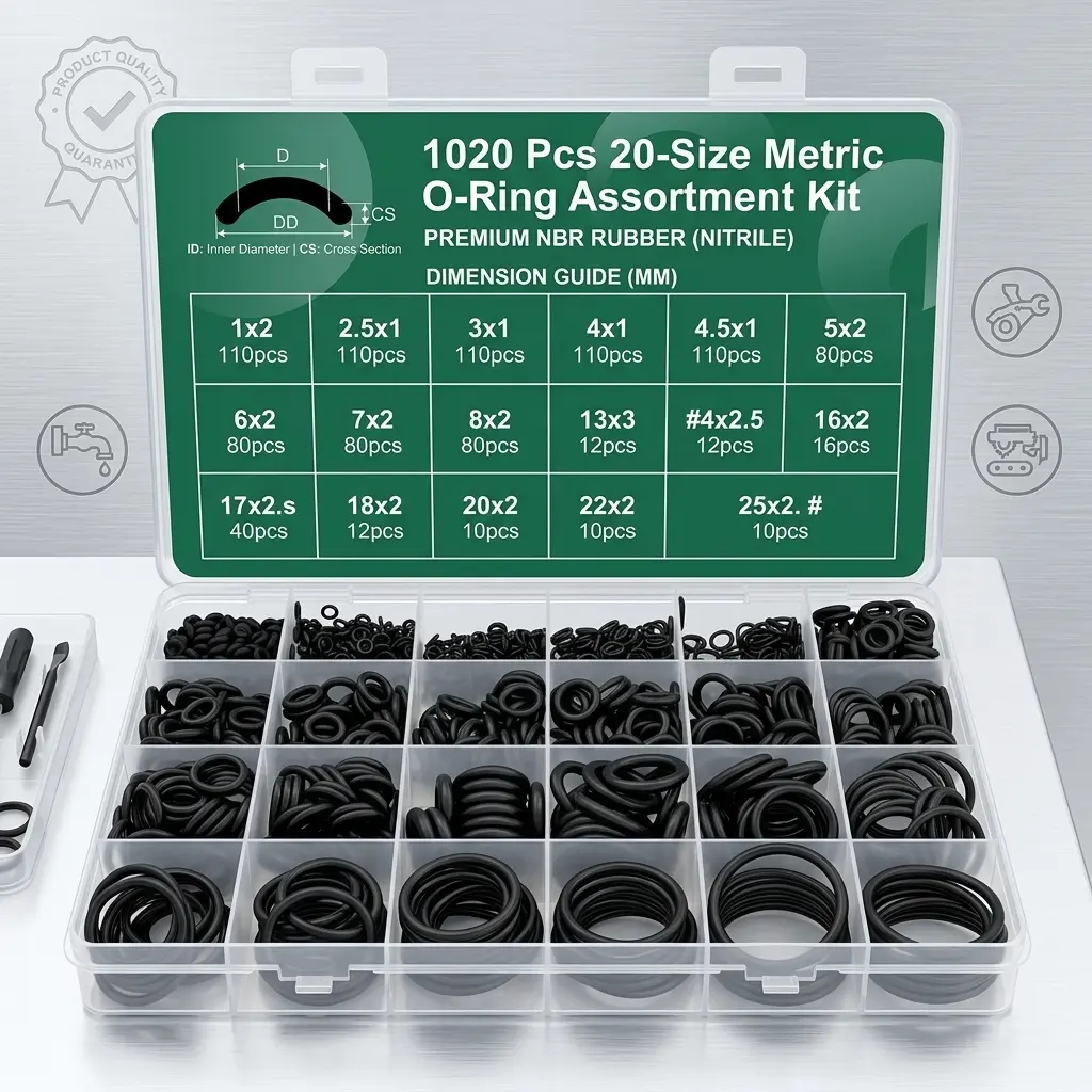 1020-Pcs Nitrile Rubber O-Ring Kit, 20-Size Industrial Hardware Assortment with Long-Lasting Performance, High-Temperature Resistant Seals for Car Auto Repair, Plumbing & Pipe Sealing Repairs