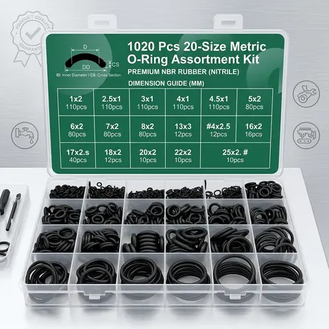 20-Sizes Nitrile Rubber O-Ring Kit - 1020-Pcs Durable Material Set, Neatly Sorted in Storage Box, Heat-Tolerant for Industrial Hardware, Plumbing Repairs (Faucets, Pipes), Car Auto Repair, High-Pressure Cleaners