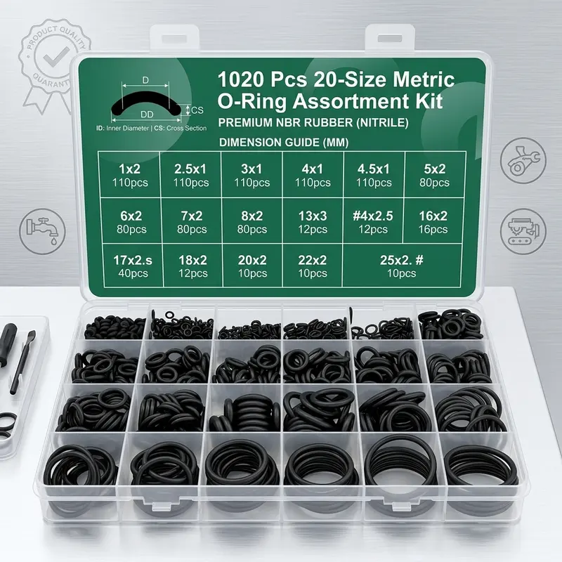 20-Sizes Nitrile Rubber O-Ring Kit - 1020-Pcs Durable Material Set, Neatly Sorted in Storage Box, Heat-Tolerant for Industrial Hardware, Plumbing Repairs (Faucets, Pipes), Car Auto Repair, High-Pressure Cleaners