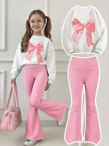 Girls' Casual Set 4-14 Years, Leopard Bow Print, Sporty Sweatshirt & Bell Bottoms, Comfortable Elastic Waist Pants, Fall Winter