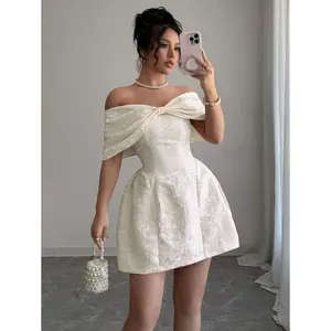 Women Off Shoulder Bowknot Neck Jacquard Mini Dress Spring Summer Elegant Party Skater Dress