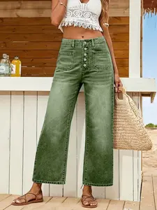 Olive Buttoned Wide Leg Jeans for Women, Vintage Washed Large Pockets, Casual High Waist Ankle Length, All Seasons Fashion Pants Womenswear Fit