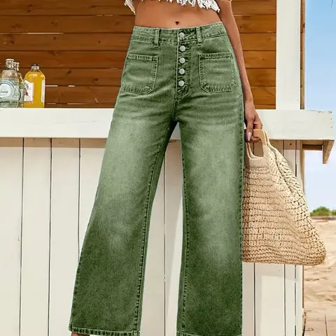 Olive Green Button Fly Wide-Leg Loose for Women, High Waisted Jean Casual Fashion High Waist Denim Pants, Vintage Washed Pockets Trousers, Fashion Pants for All Seasons, Womenswear