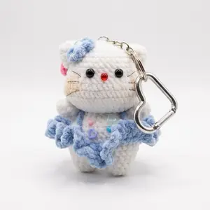 Crochet Keychain - Adorable White Cat with Blue Bow and Heart Charm - Perfect for Bags and Keys