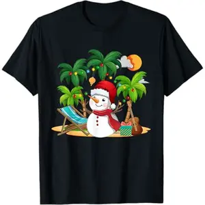 Christmas in July Snowman on Palm Tree Tropical Beach T-Shirt, 100% Cotton, Single Side Printed, Black Short Sleeve T-shirt, 1 pc, Christmas Halloween Thanksgiving Gift