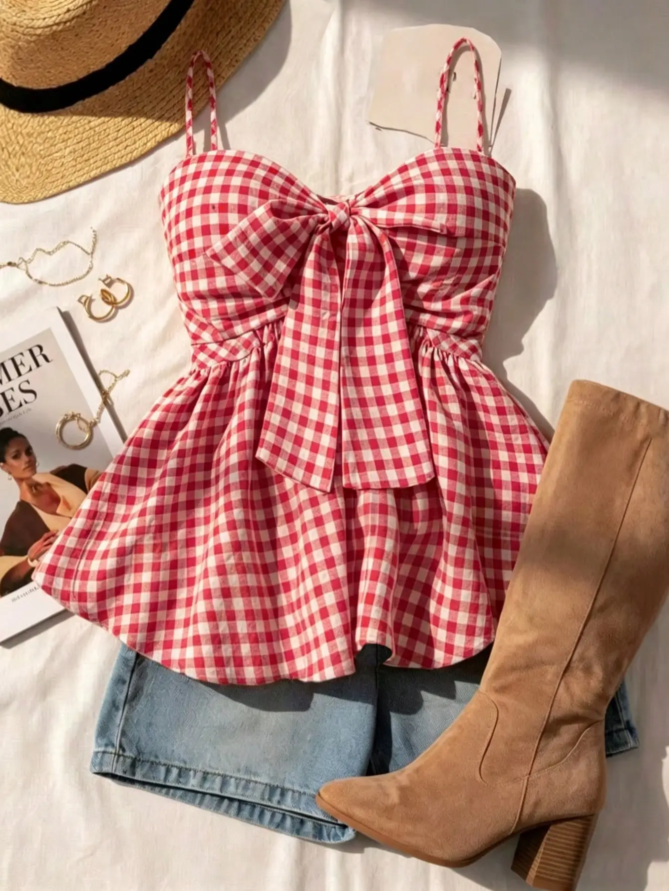 VYNCE Women's Plaid Camisole Top Vintage Style Romantic Country Style Loose Comfortable Hem Red Summer Vacation Cute Casual Top