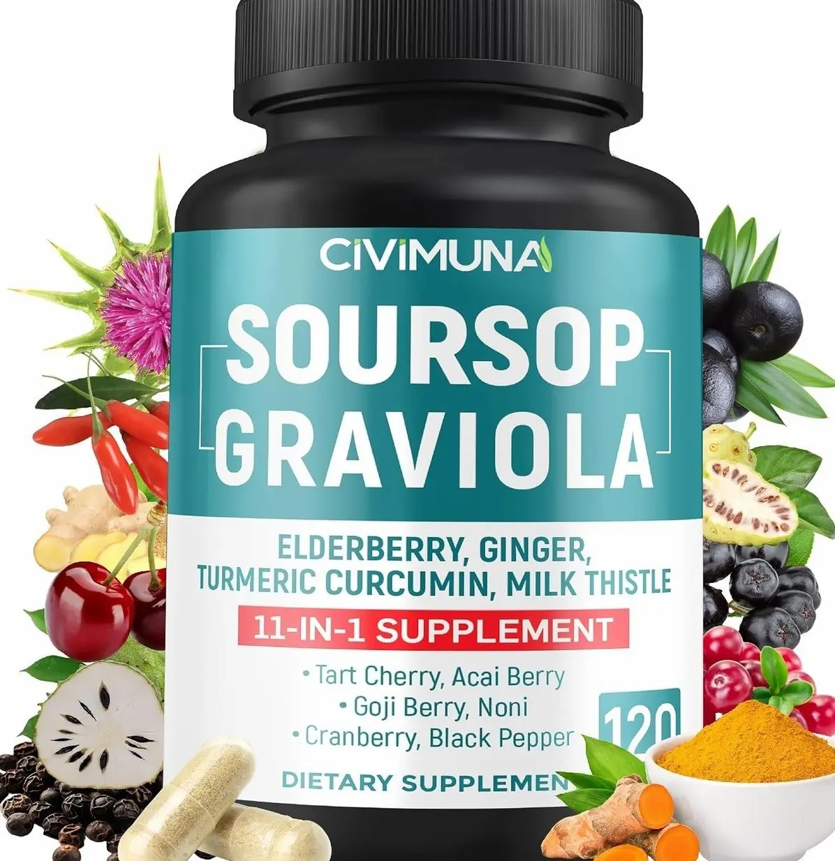 Soursop Graviola Capsules with Elderberry, Turmeric, Ginger, Milk Thistle, Tart Cherry and More - 120 Capsules for 4 Months Supply