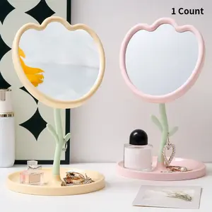 Tulip Shape Large Makeup Mirror, 360° Rotatable Angle, Desktop Tray for Jewelry Lipstick, High Definition Clear View, Durable Plastic