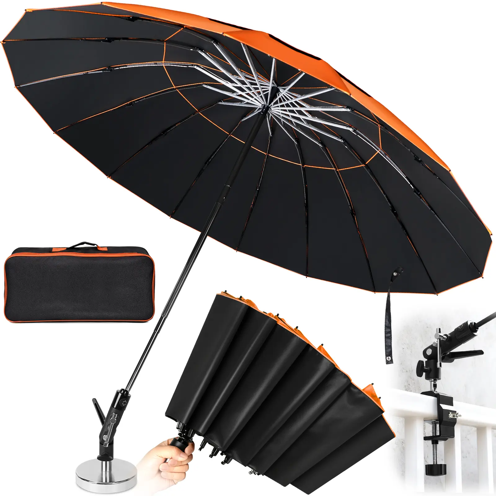 【2026 Latest Upgraded】60" Folding 16 Ribs Magnetic Umbrella,Designed for Outdoor Work,600lb Strong Suction Hvac Umbrella With Magnetic Base & Clamp,Inverted Ribs,2-in-1 Sun & Rain Protection,Portable for HVAC