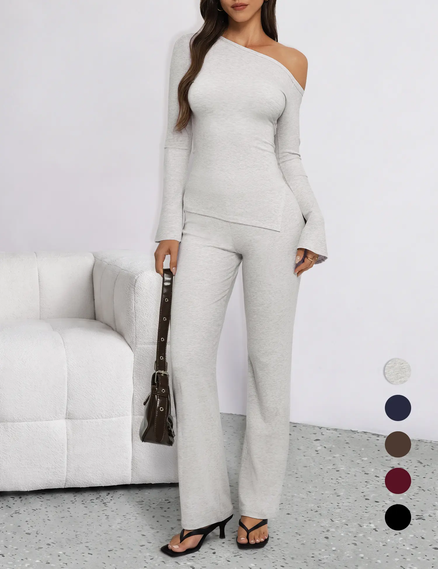 Tournesol Women's Off Shoulder Lounge Set | Long Sleeve Top & Wide Leg Pants Fall Outfit 033
