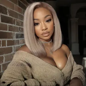 KINGSUP 13x4 Ashblonde Bob Lace Frontal Wig Human Hair Short Straight Transparent Lace Front Wig Brazilian Virgin Human Hair Pre Plucked Hairline Short Colored Grey Bob Wigs for Women