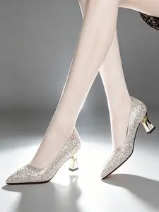 New Season Champagne Gold Rhinestone Pointed Toe High Heels, Crystal Sparkle Metal Heel, French Luxury Party Shoes, All-Season Women's Shoes
