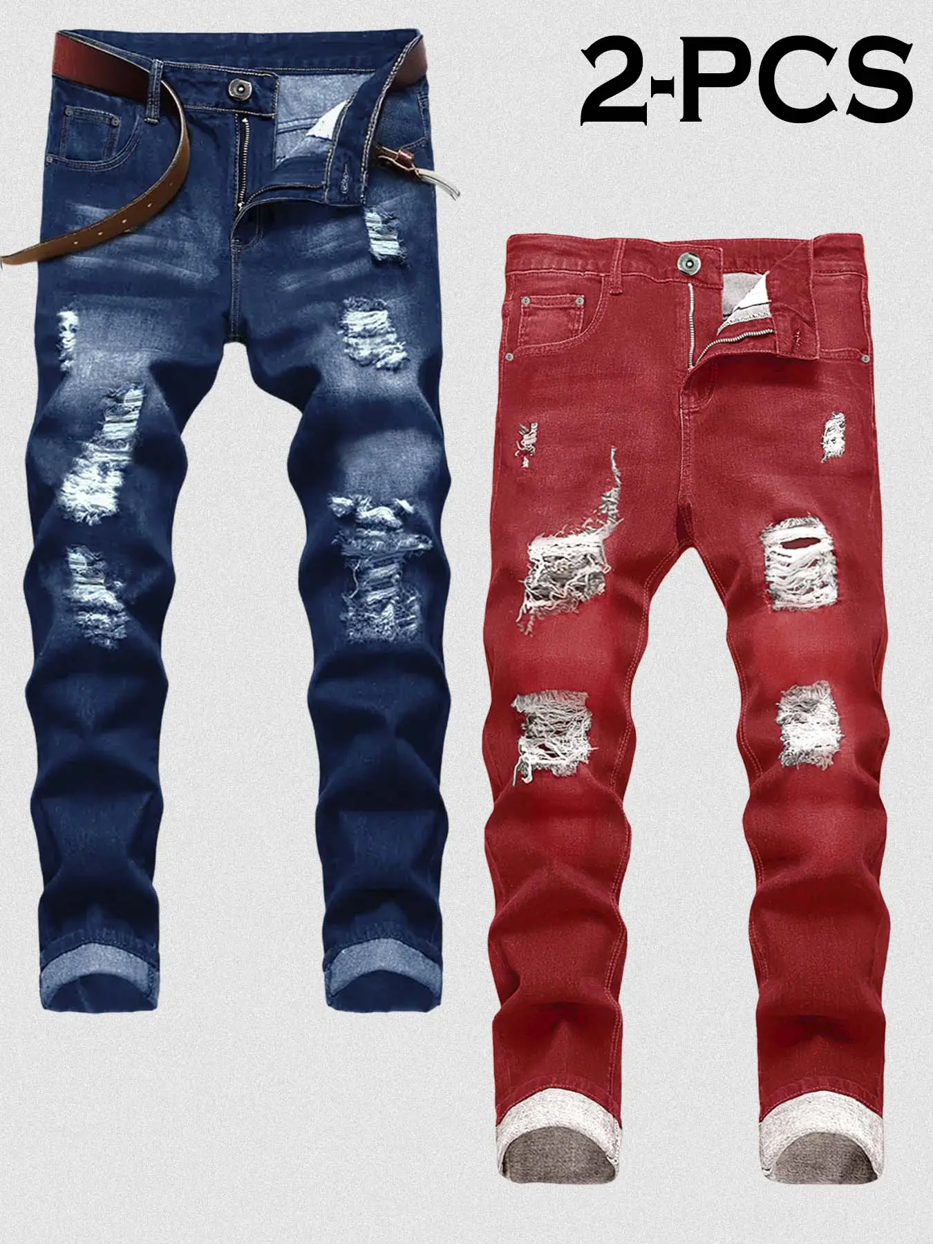2026 Trending Men’s Slim Fit Ripped Casual Jeans (Pack of 2) - Polyester-Elastane, Classic Blue, Red, Colorblock, Grunge Aesthetic, Streetwear Outfits, Distressed Holes, All Seasons, Affordable Fashion, Destroyed Hole Jeans Jeans Bottom Punk Jeans