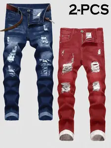 2026 New Men’s Slim Fit Best-Selling Ripped Jeans, Pack of 2 — Classic Blue and Red