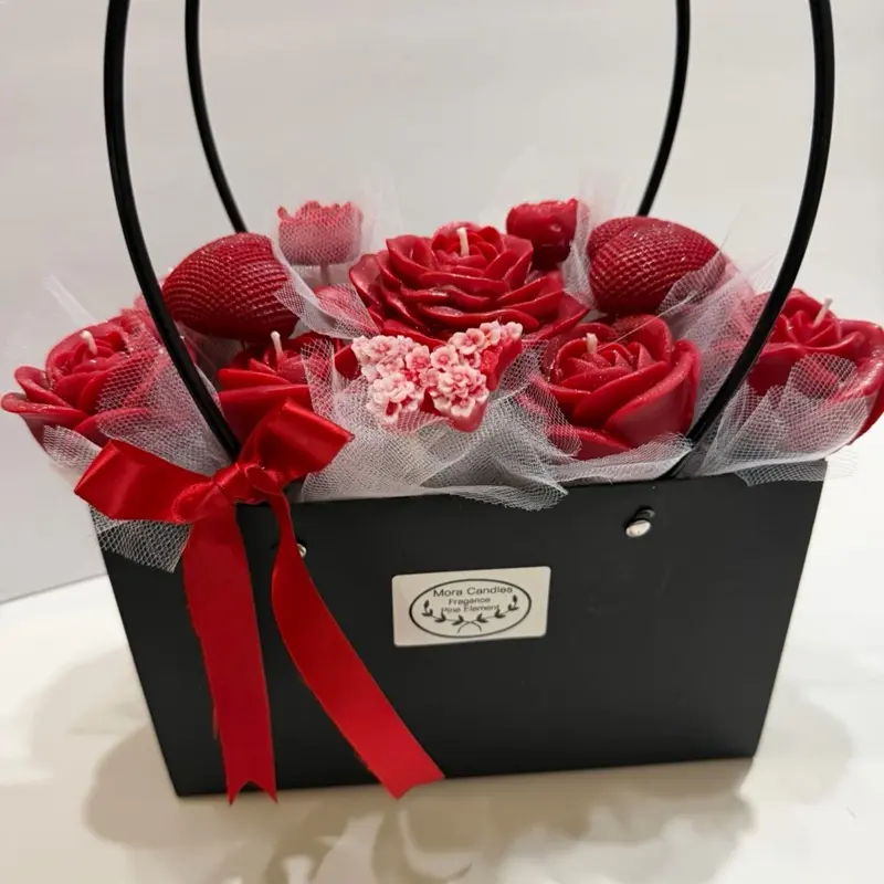 Bello Elegant Red Rose Candle Basket with Red Bow and Tulle Accents for Romantic Gifts