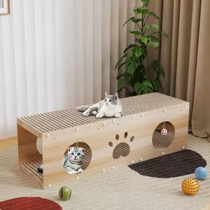 IRONCK 39" Long Large Wooden Cat House & Scratcher with Ball Toy | 2-in-1 Pet Furniture for Indoor Cats, Durable Cat Bed & Playhouse