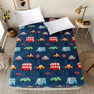 Bedding Fitted Sheet Deep Pocket Mattress Cover Thicken Fabric Cars Printed Bed Sheets Navy Blue Full