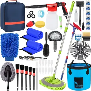 Complete Car Washing Set (44Pcs): Foam Gun Sprayer, Collapsible Bucket & Blue Accessories