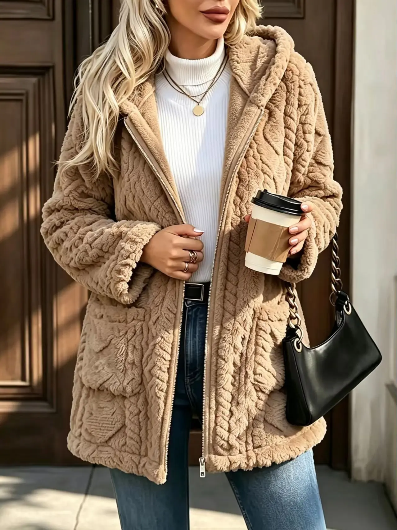 Lady's Comfortable Basic Hooded Plush Cardigan Coat, Double-Sided Fleece, Zip-Front Closure, Everyday Casual Autumn-Winter Outerwear for Women,sohochic