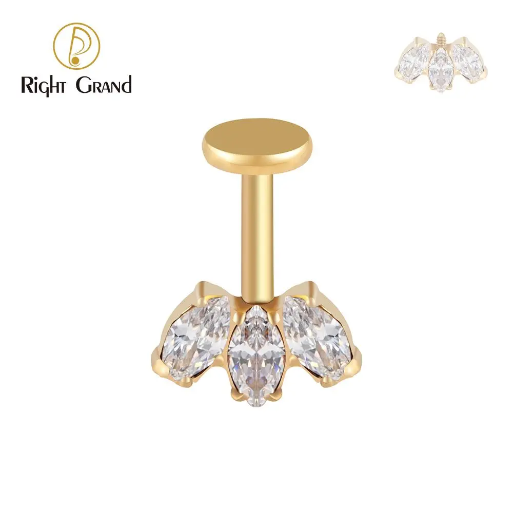 Right Grand ASTM F136 Titanium 16G Marquise CZ Screw Flat Back Vertical Helix Piercing Cartilage Stud Earring